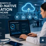 Healthcare IT professional reviewing a cloud migration and cybersecurity dashboard