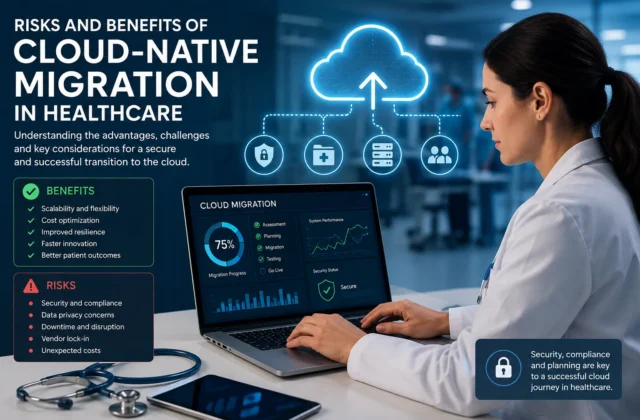 Healthcare IT professional reviewing a cloud migration and cybersecurity dashboard