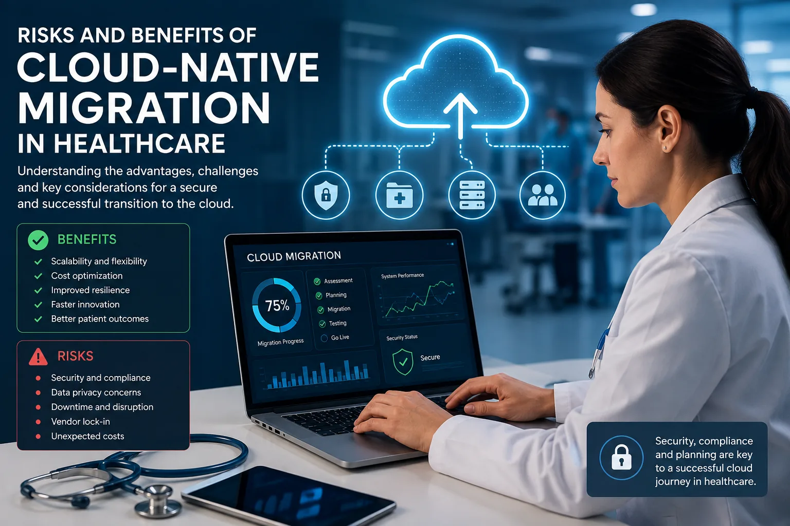 Healthcare IT professional reviewing a cloud migration and cybersecurity dashboard