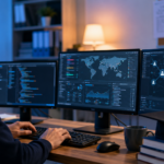 Student studying for a diploma in cyber security using a computer security lab