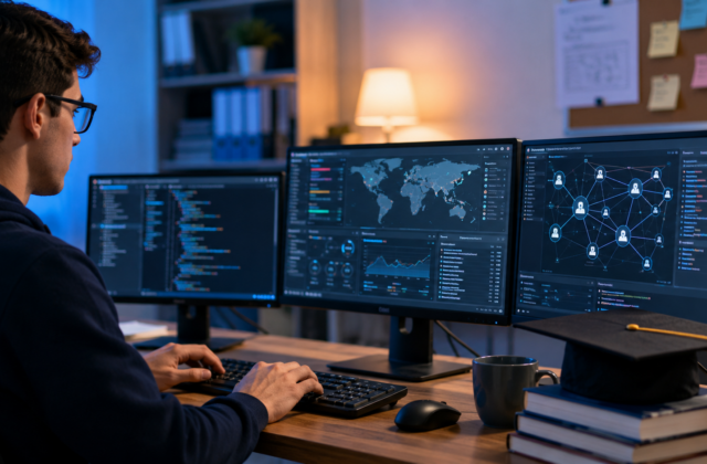 Student studying for a diploma in cyber security using a computer security lab