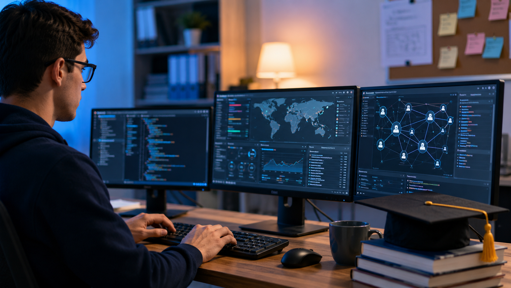 Student studying for a diploma in cyber security using a computer security lab